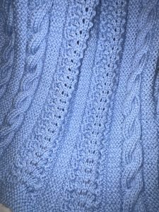 Blue Cable and Fan Pattern Hand Knit Baby Blanket