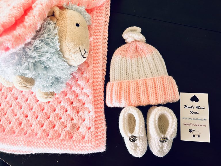 Pink Hand Knit Blanket, Pink and White Hat and White Booties Set