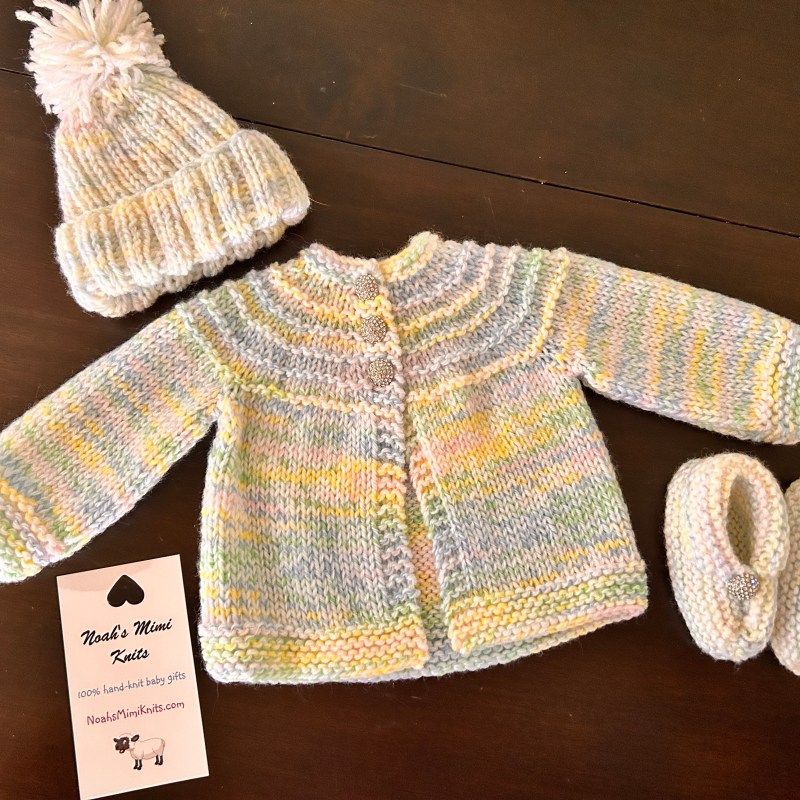 Premie Hand Knit Multi-Color Sweater, Hat & Booties Set
