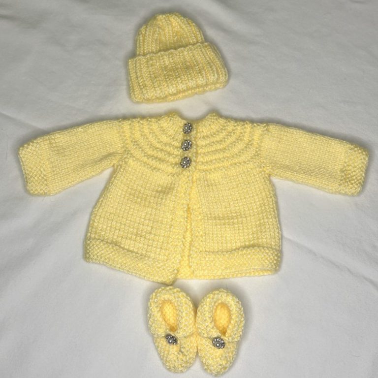 Hand Knit Yellow Sparkly Sweater, Hat and Booties Set