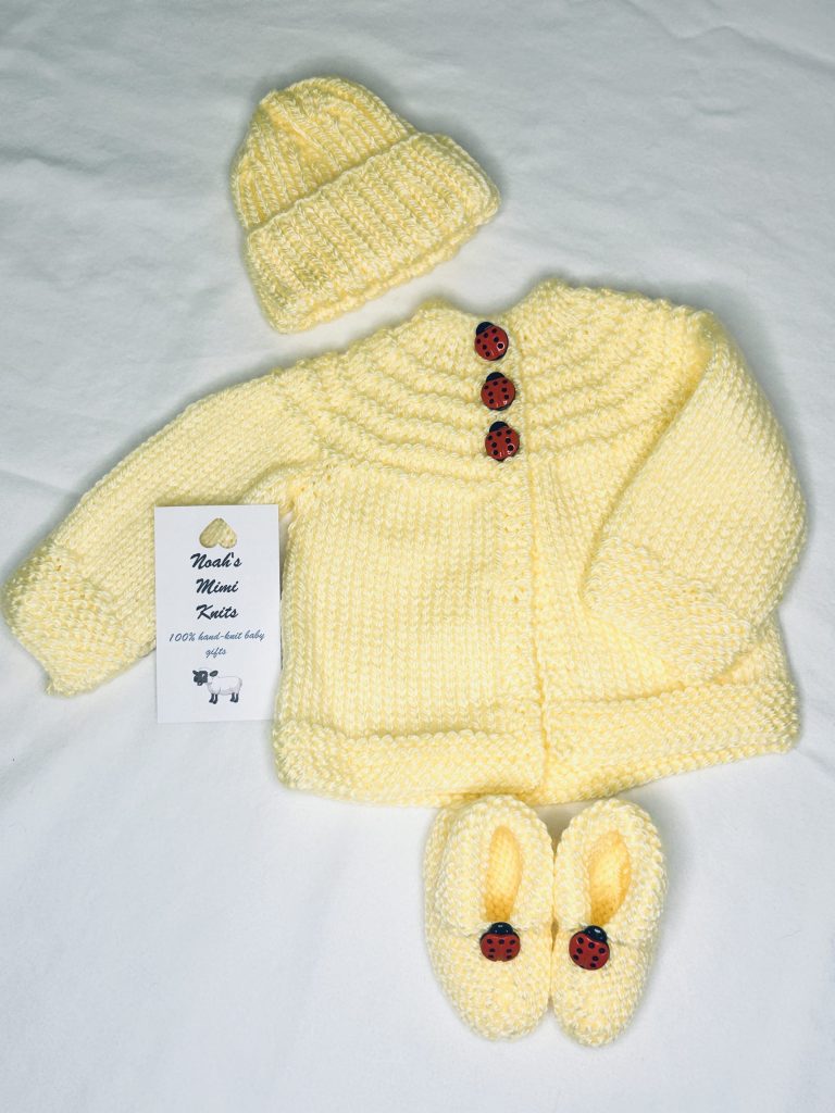 Sunny Yellow & Ladybugs Hand Knit Sweater, Hat and Booties Set