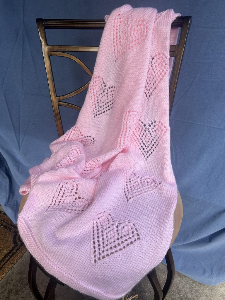 Pink Eyelet Hearts Hand Knit Baby Blanket
