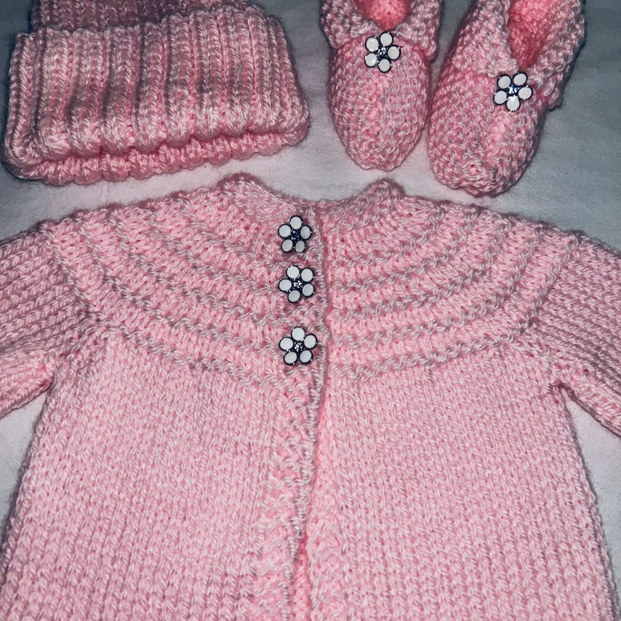 Pink with White Enamel Flower Buttons Baby Sweater, Hat and Booties Set