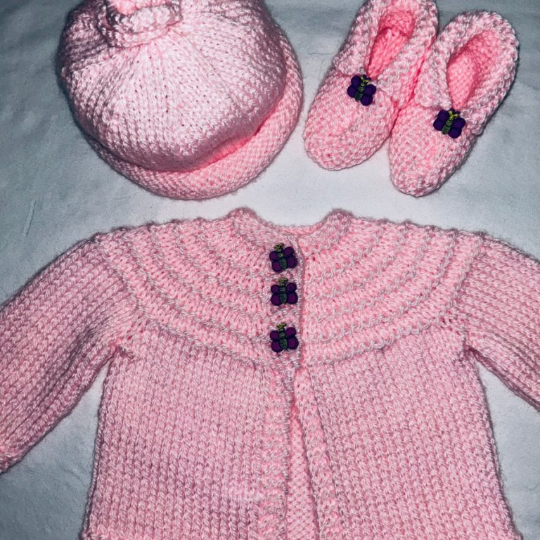 Hand Knit Pink Sweater, Hat and Booties with Butterfly Buttons