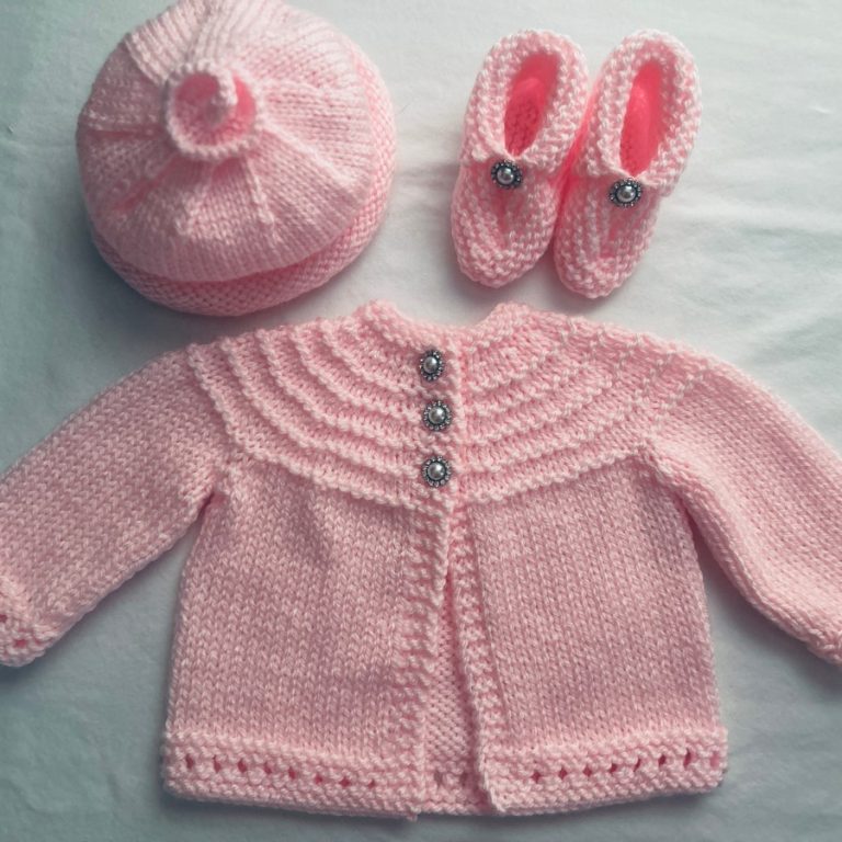Pink Sparkly Buttons Hand Knit Baby Sweater, Hat and Booties Set