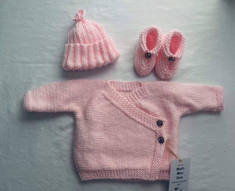 Hand Knit Tiny Kimono, Hat and Booties in Pink with Gold-Color Rose Buttons