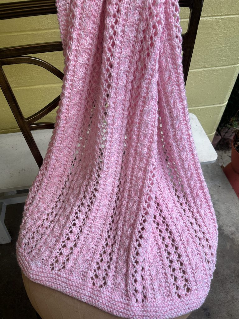 Lace and Cables in Pink & White Hand Knit Baby Blanket
