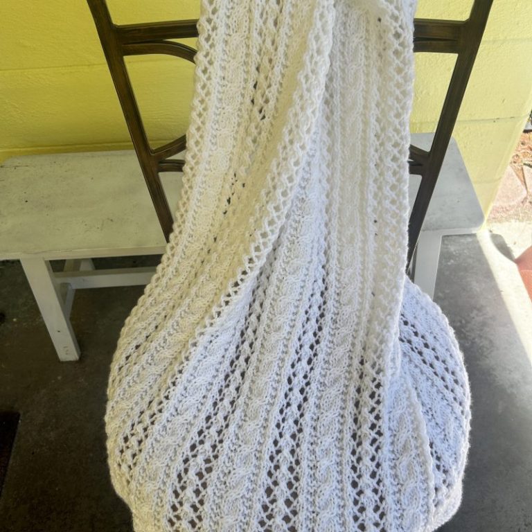 Lace and Cables in White Hand Knit Baby Blanket