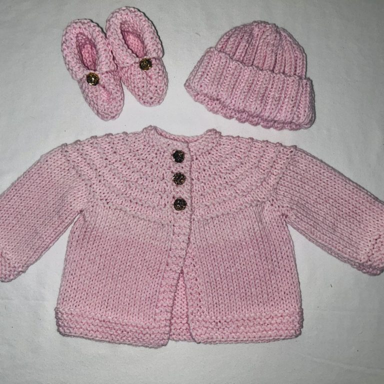 Hand Knit Pink Sweater, Hat & Booties with Gold Rose Buttons