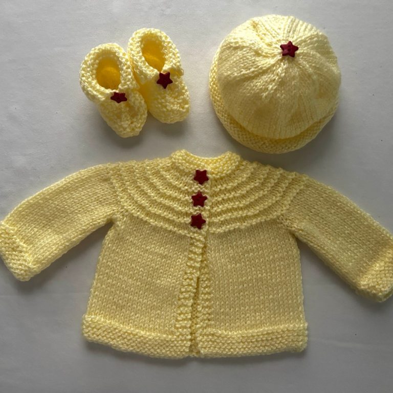 Sunny Yellow Hand Knit Sweater, Hat and Booties