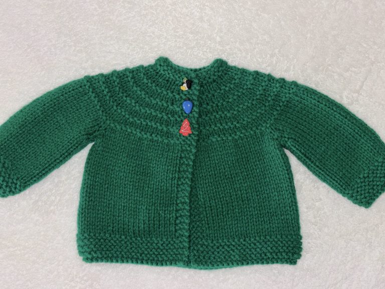 Green Hand Knit Sweater with Christmas Buttons