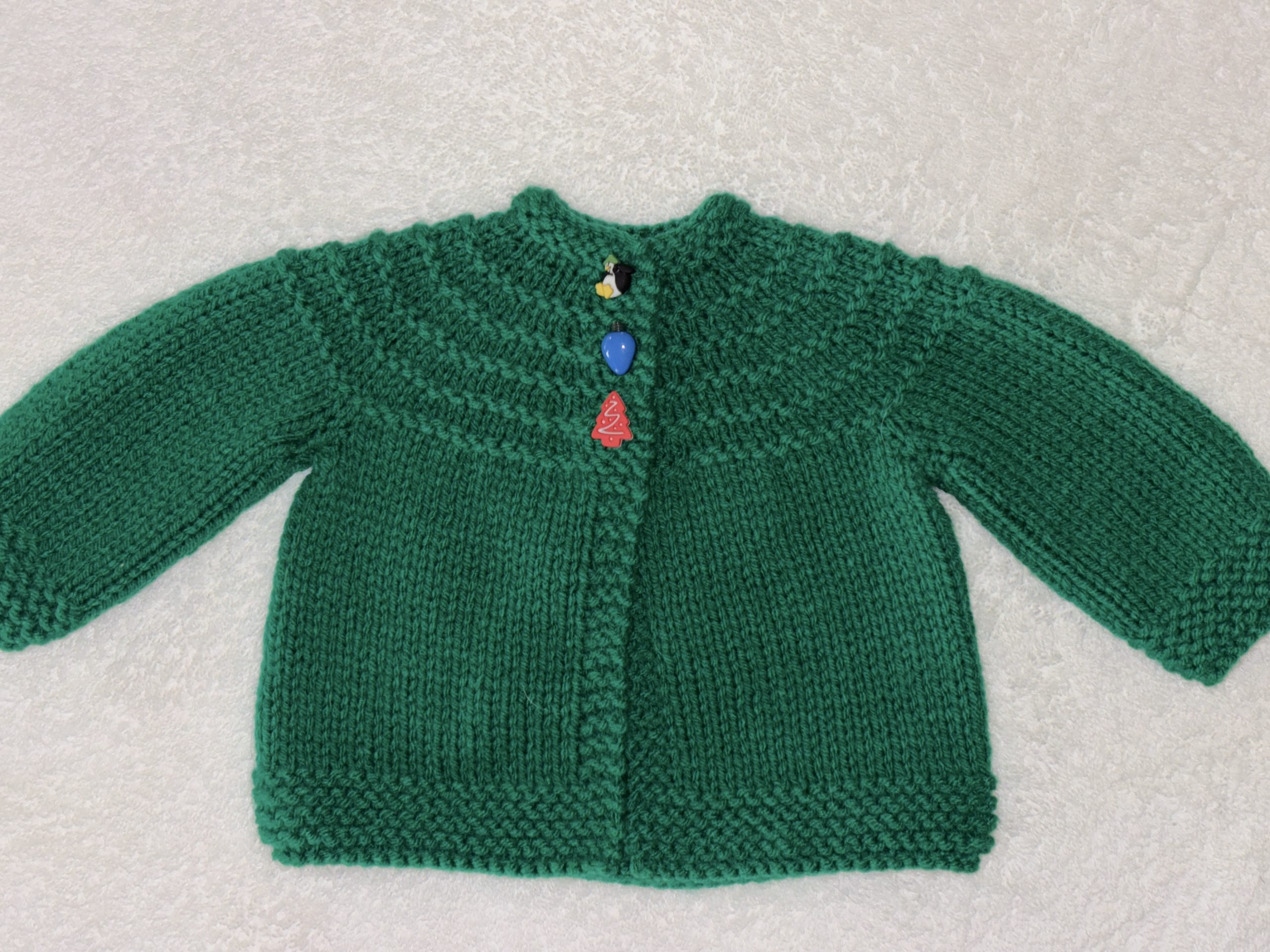 Green Hand Knit Sweater with Christmas Buttons