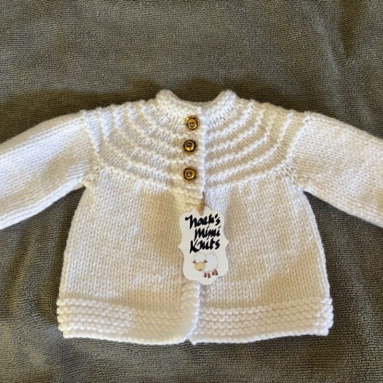 Hand Knit White Baby Sweater with Classic Rose Gold-Colored Buttons