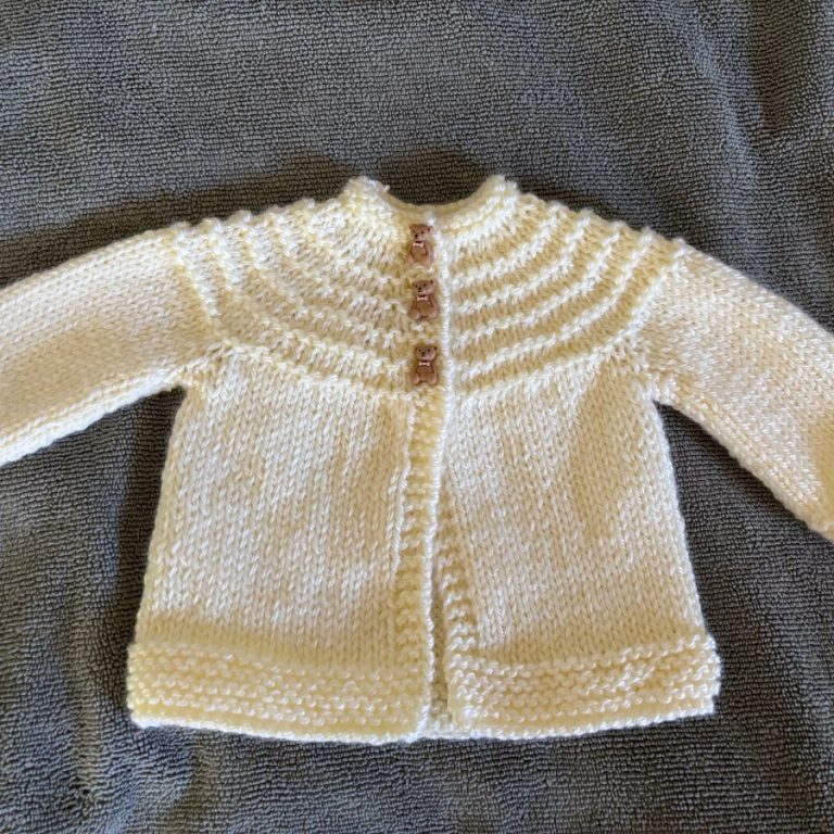 Hand Knit Antique White Baby Sweater with Teddy Bear Buttons