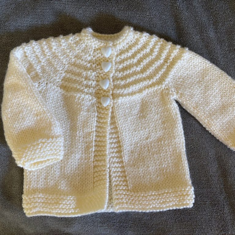 Antique White Hand Knit Baby Sweater with Heart Buttons
