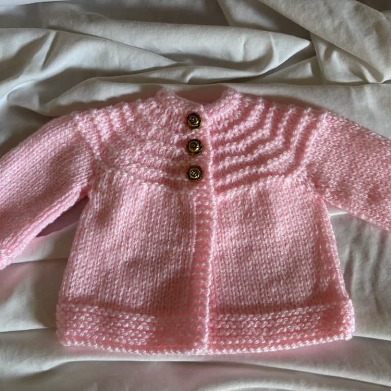 Hand Knit Pretty Pink Baby Sweater with Rose Gold Buttons