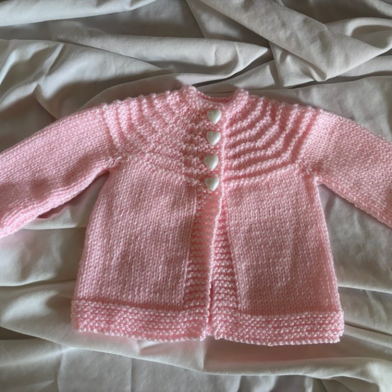 Hand Knit Pretty Pink Baby Sweater with White Heart Buttons