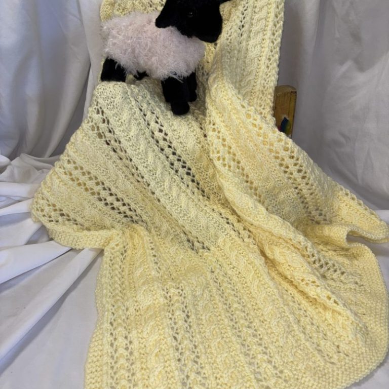 Sunny Yellow Hand Knit Cable and Lace Baby Blanket