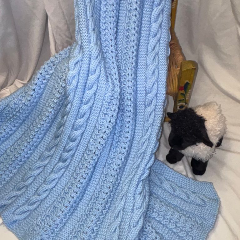 Beautiful Blue Cable and Fan Pattern Hand Knit Baby Blanket