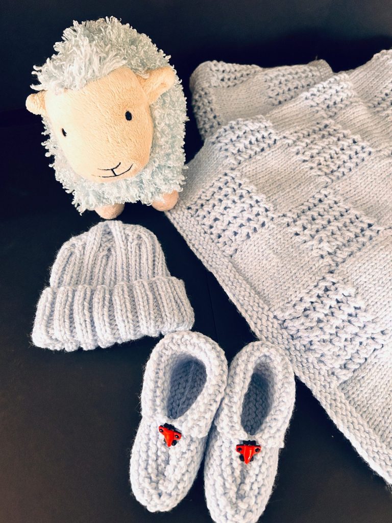 Baby Blue Quilt Pattern Hand Knit Blanket, Hat and Booties Set