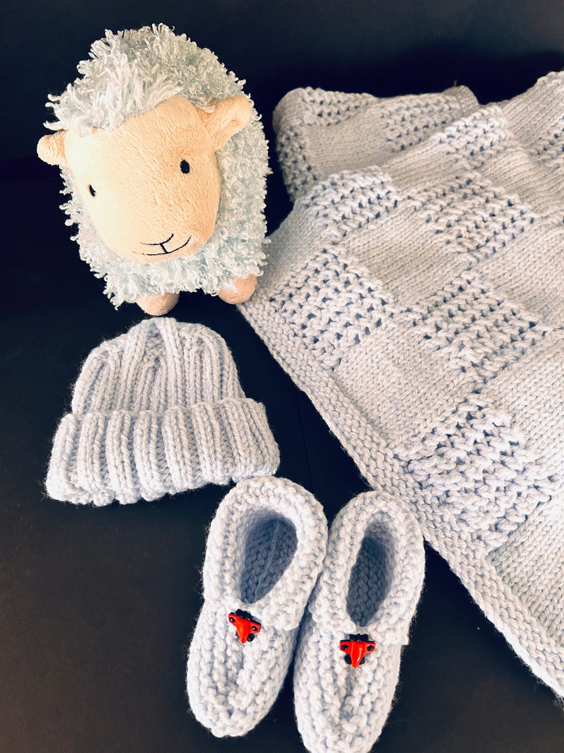 Baby Blue Quilt Pattern Hand Knit Blanket, Hat and Booties Set