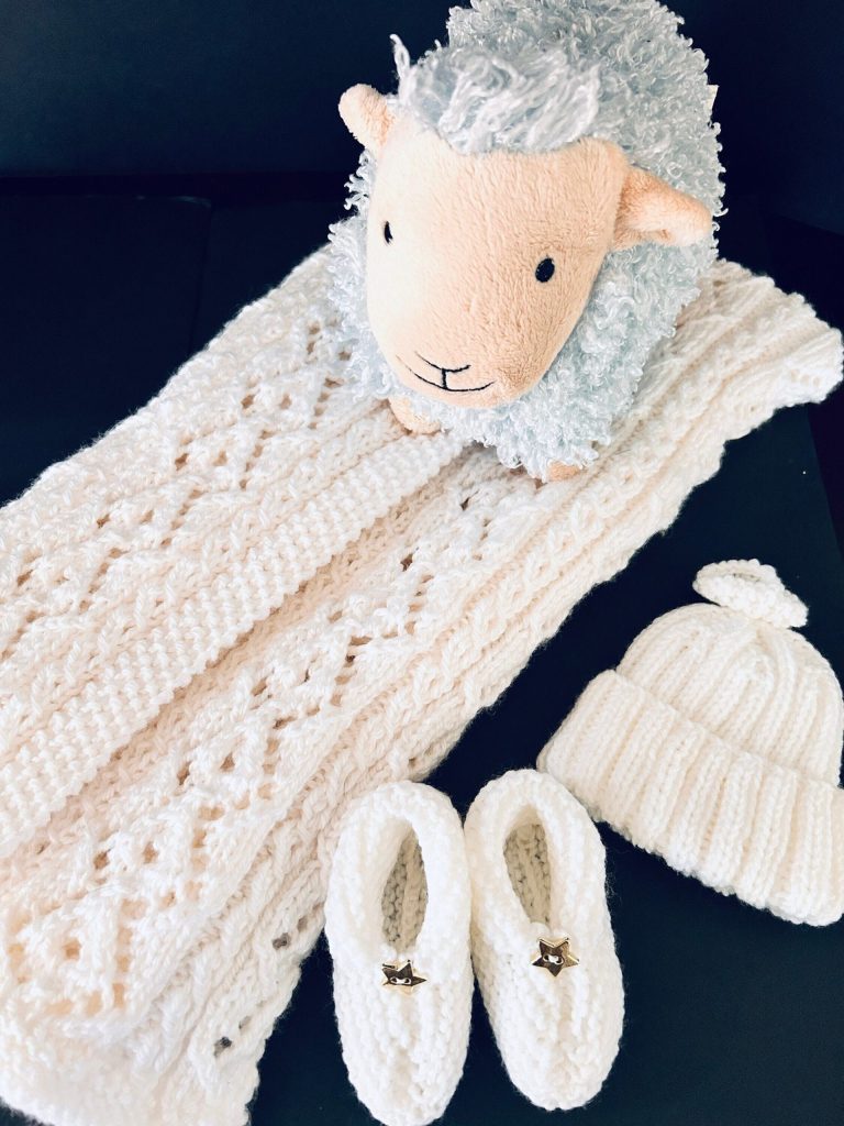 White Lacy Diamond Hand Knit Baby Blanket, Hat and Booties Set