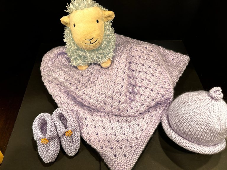 Rich Lavender Hand Knit Blanket, Hat and Booties Set