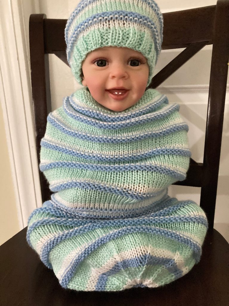 Green and Blue Hand Knit Cocoon with Matching Cap