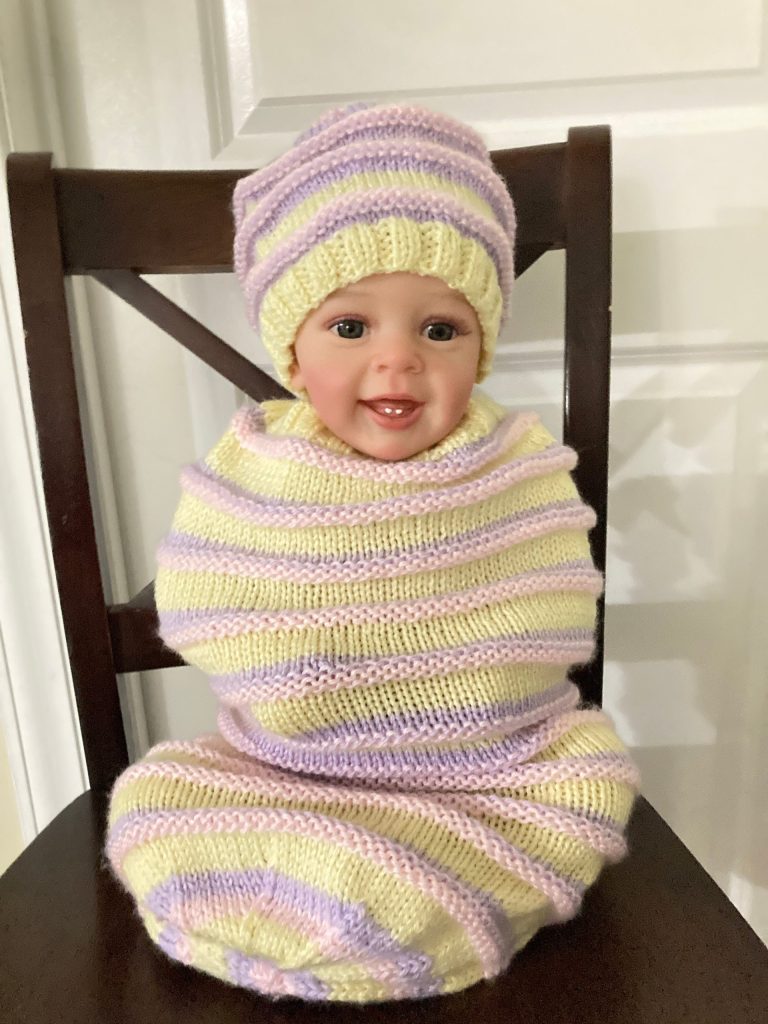 Yellow, Pink and Lilac Hand Knit Baby Cocoon with Matching Cap