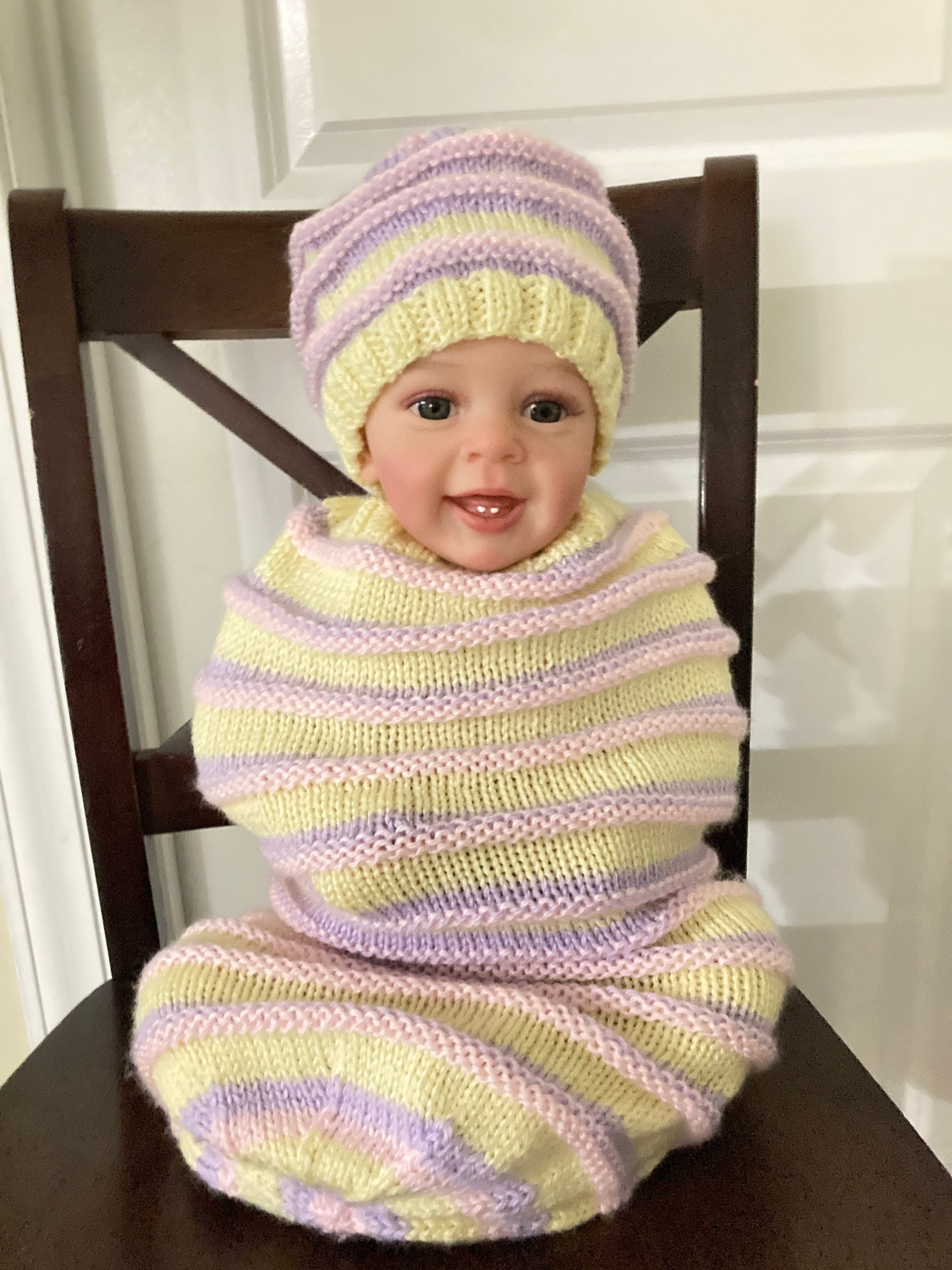 Yellow, Pink and Lilac Hand Knit Baby Cocoon with Matching Cap