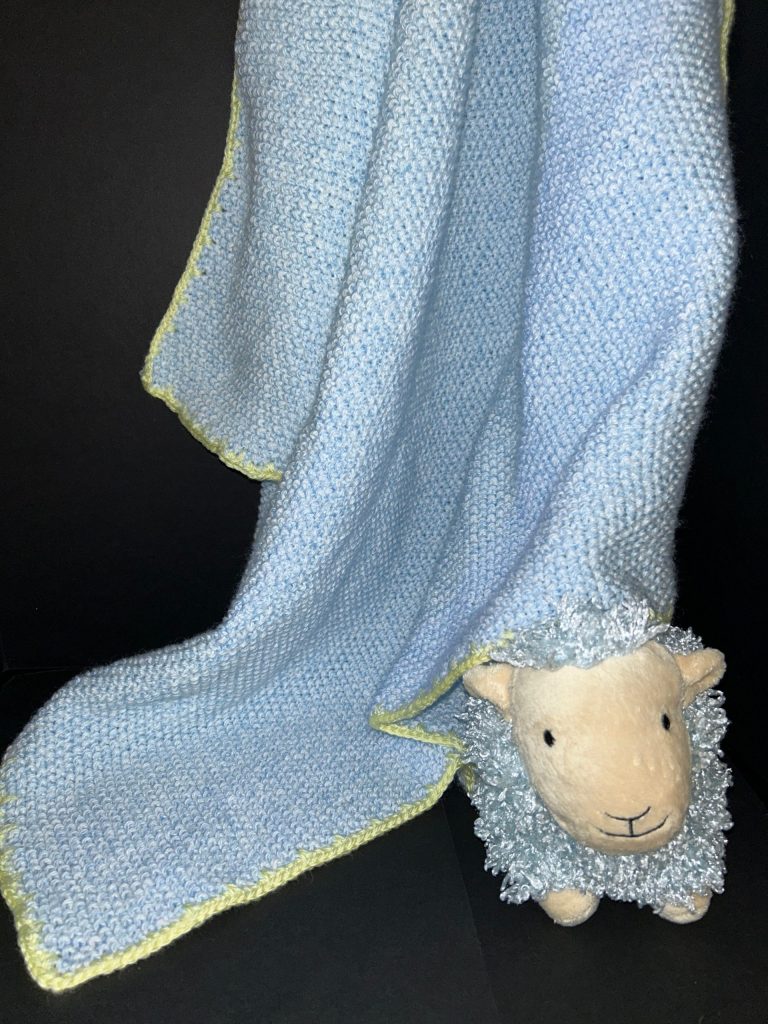 Blue and White with Yellow Edging Hand Knit Baby Blanket