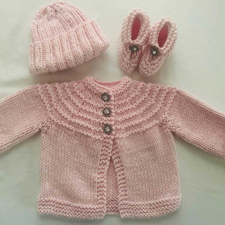 Hand Knit Pink Sweater, Hat & Booties Set with Sparkly Buttons