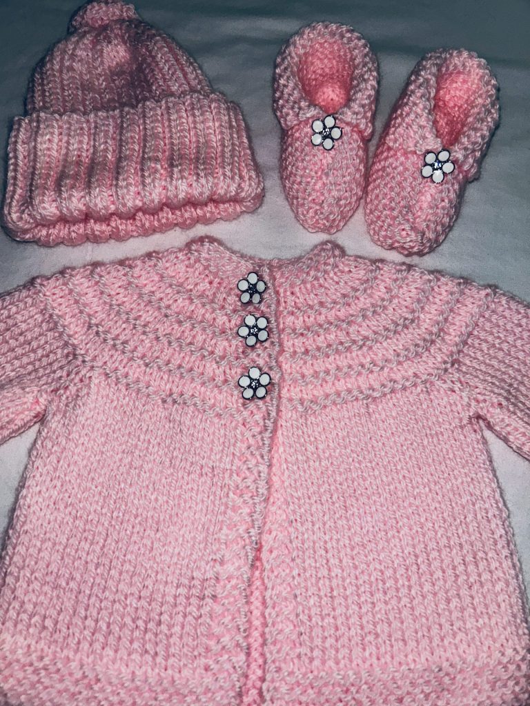 Pink with White Enamel Flower Buttons Baby Sweater, Hat and Booties Set