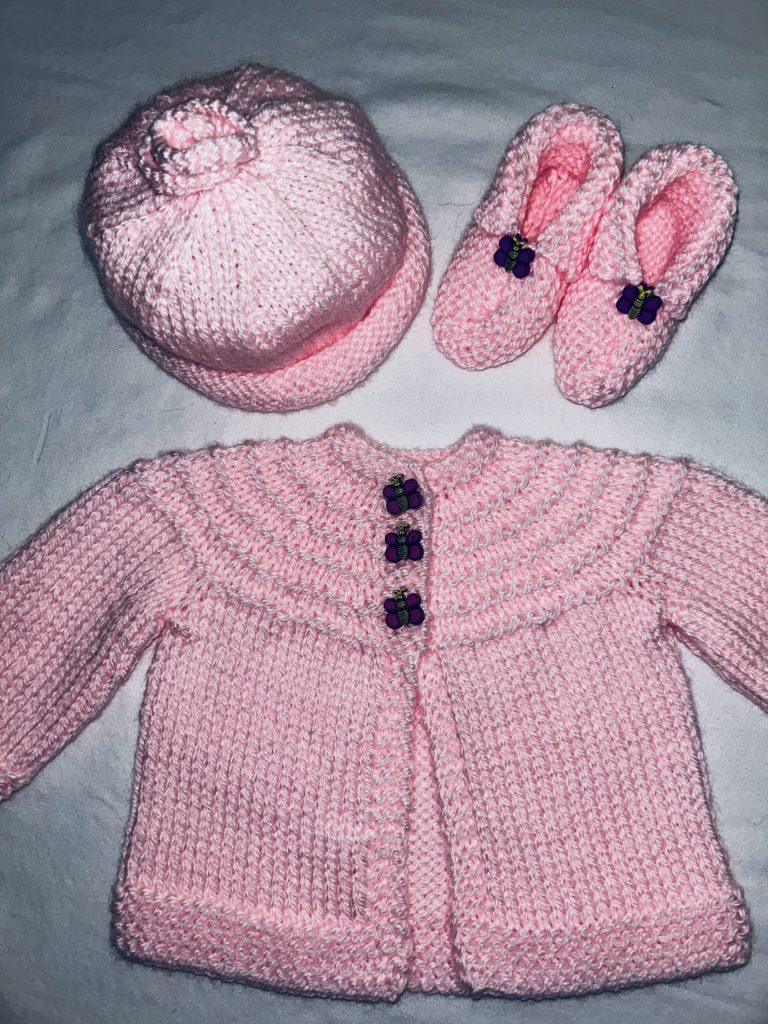 Hand Knit Pink Sweater, Hat and Booties with Butterfly Buttons
