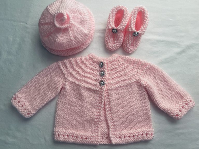 Pink Sparkly Buttons Hand Knit Baby Sweater, Hat and Booties Set