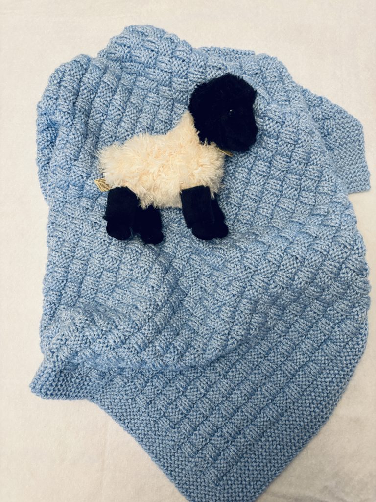 Hand Knit Blue Basket Weave Baby Blanket