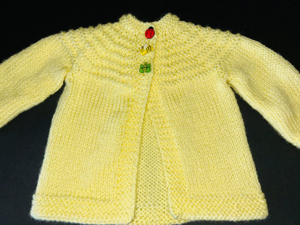 Yellow Hand Knit Sweater with Ladybug, Bee and Butterfly Buttons