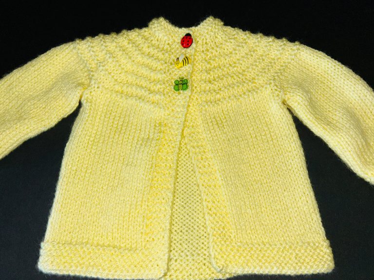 Yellow Hand Knit Sweater with Ladybug, Bee and Butterfly Buttons